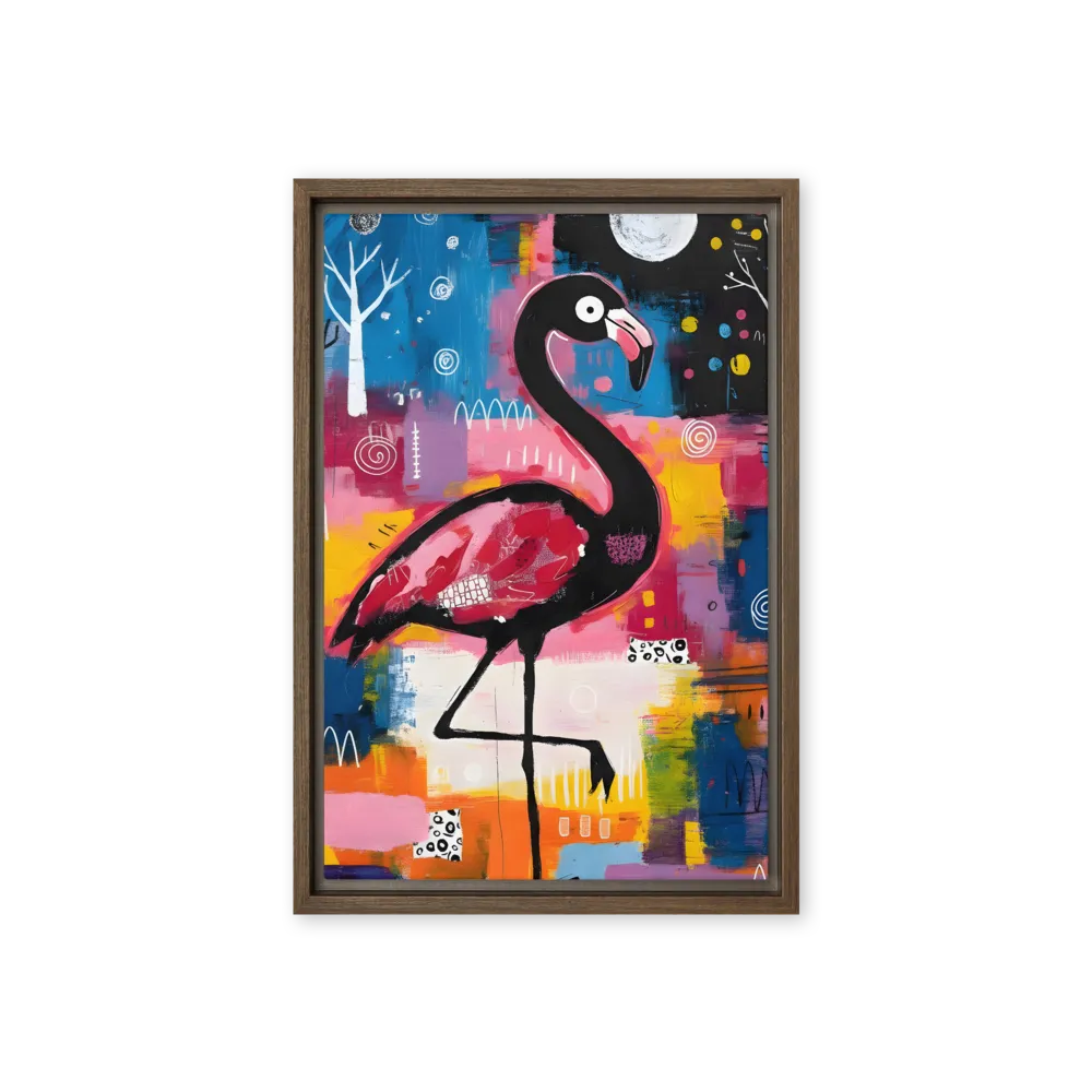 Whimsical Flamingo Abstract 
 Canvas with Brown Frame