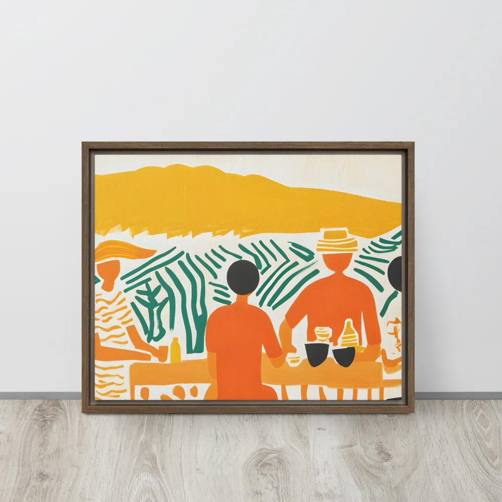 Summer Vibes: Café Conversations | Canvas with Brown Frame | 16″×20″