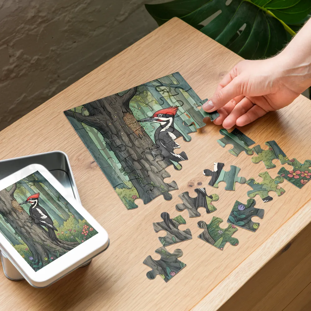 Woodpecker at Work 
 Jigsaw Puzzle in Tin Box