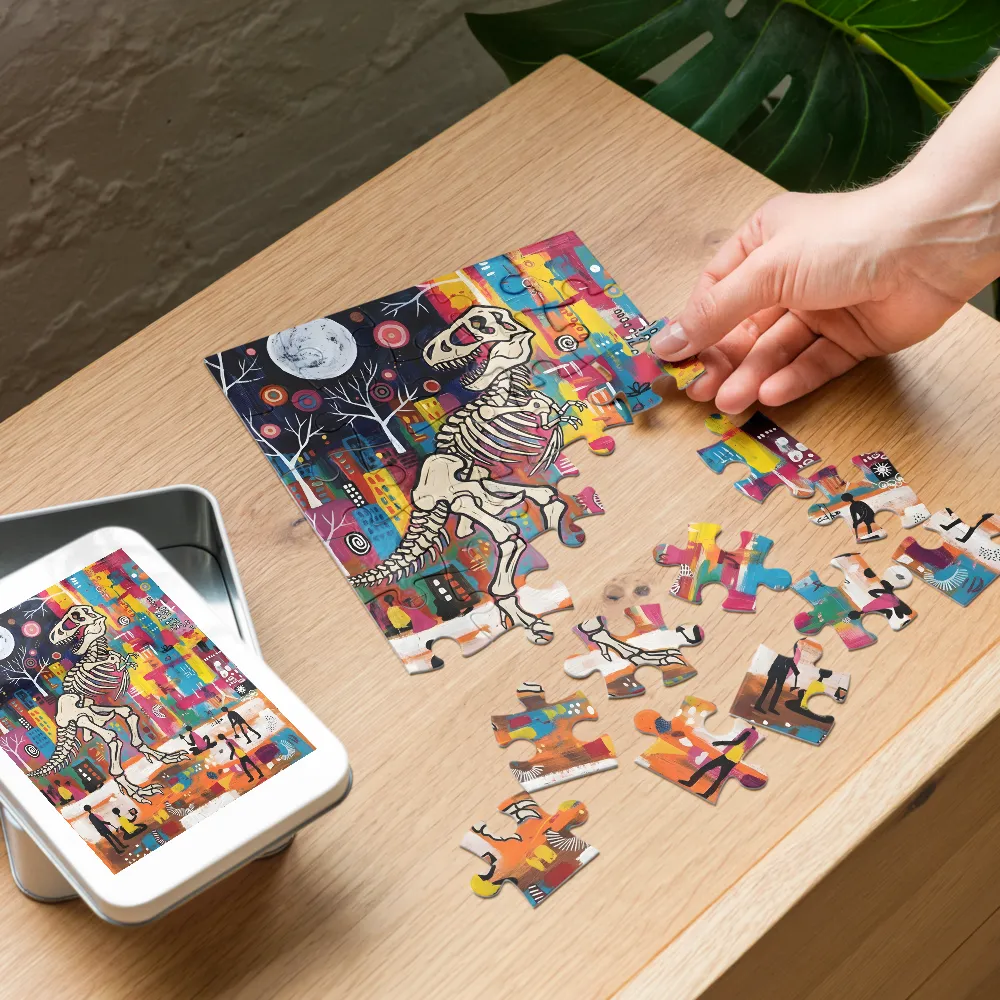 Moonlit Dinosaur Skeleton 
 Jigsaw Puzzle in Tin Box