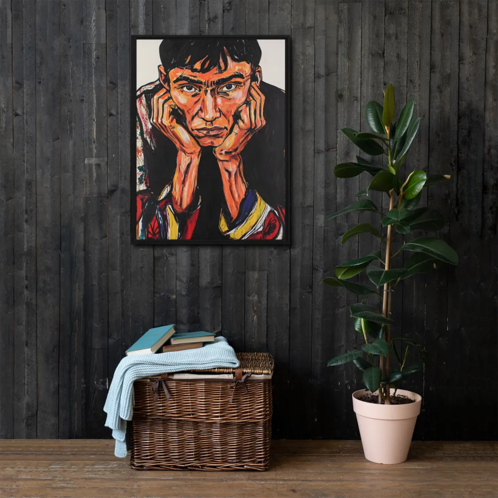 Contemplative Intensity: An Expressionist Portrait | Canvas with Black Frame | 24″×32″