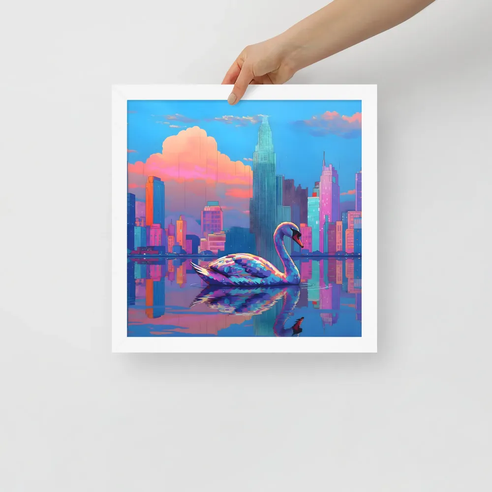 Neon Swan Skyline 
 Poster with White Frame | 14″x 14″
