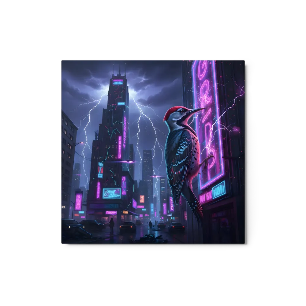 Cyberpunk Woodpecker 
 Metal Print | 12″x 12″