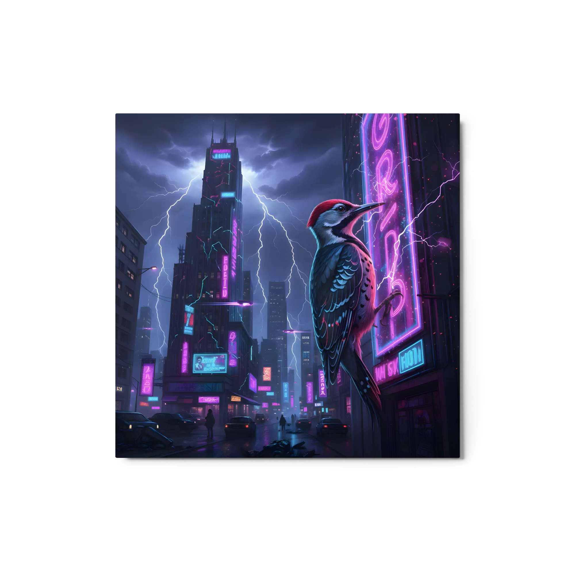 Cyberpunk Woodpecker 
 Metal Print | 12″x 12″