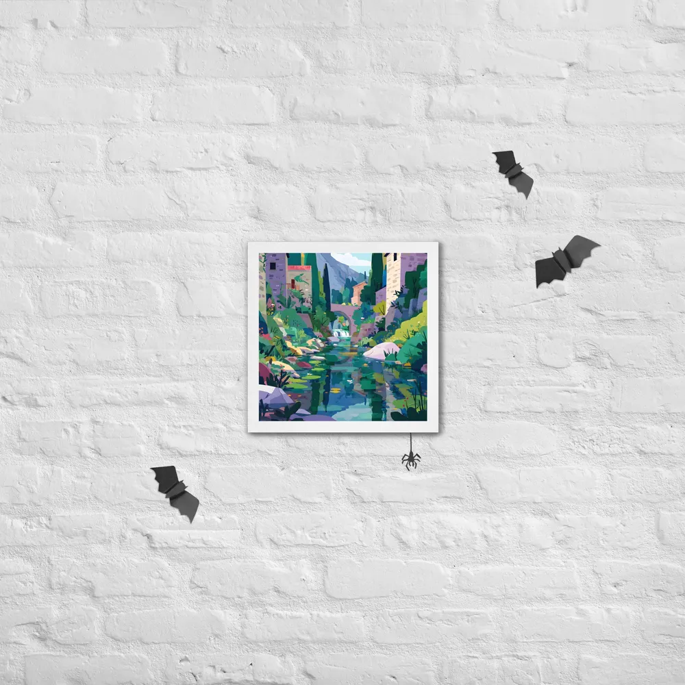 Mountain Village Stream 
 Poster with White Frame | 14″x 14″