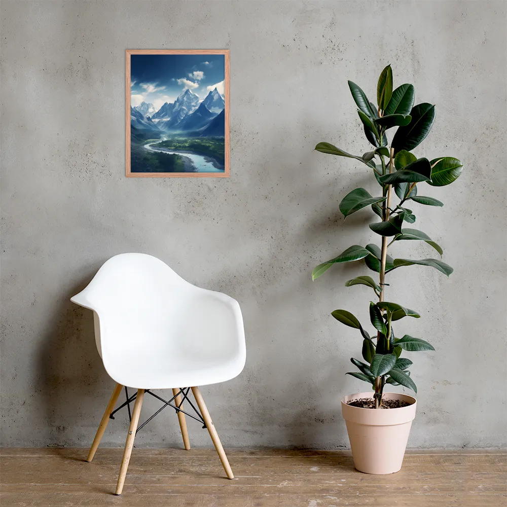 Majestic Serenity: A Landscape of Mountains and Rivers | Poster with Red oak Frame | 16″×20″