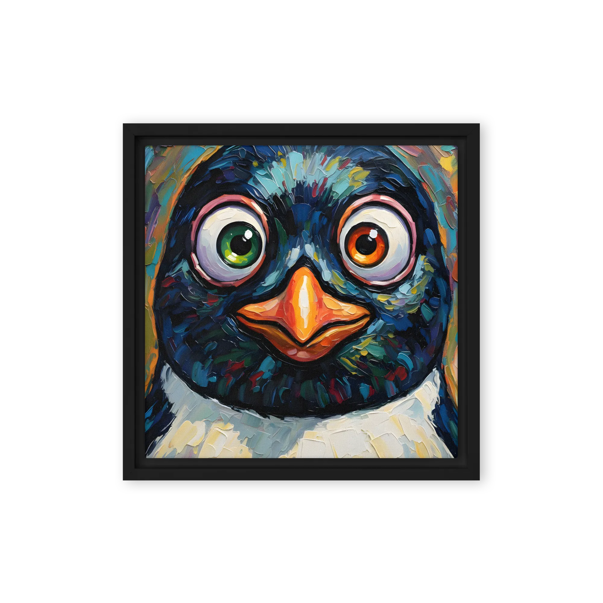 Whimsical Impasto Penguin 
 Canvas with Black Frame
