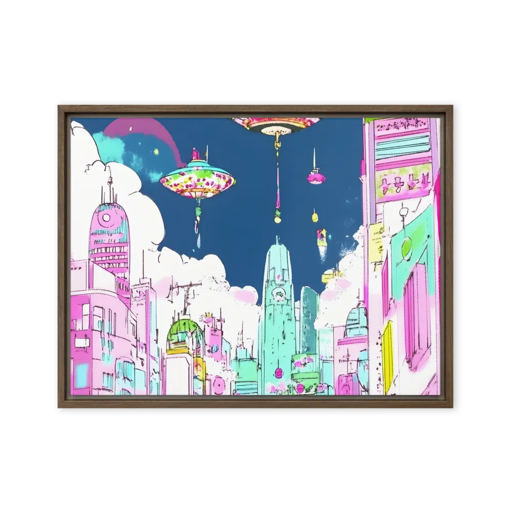 Futuristic Cityscape with Floating Structures | Canvas with Brown Frame | 18″×24″