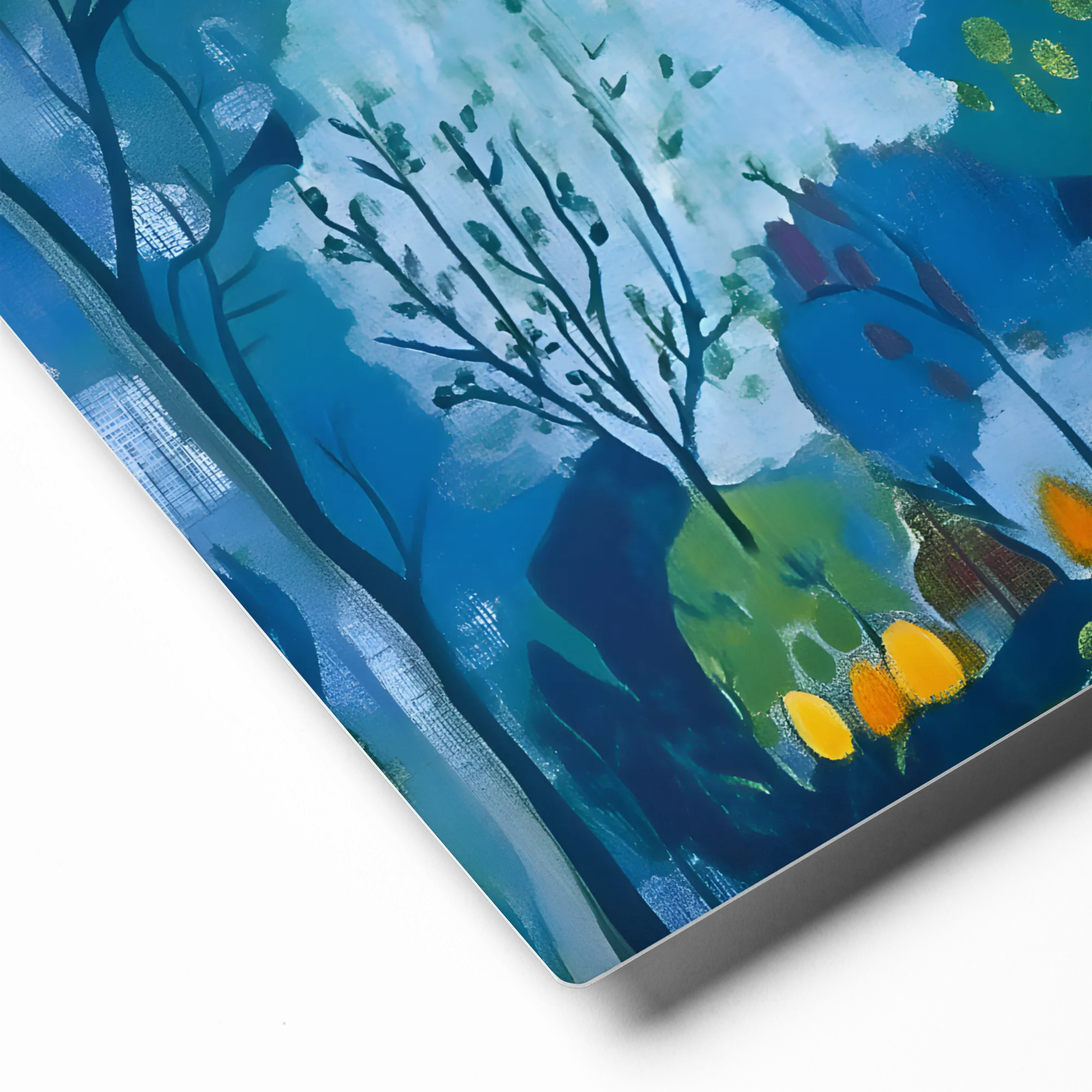 Serene Woman in Blue Forest 
 Metal Print | 12″x 12″