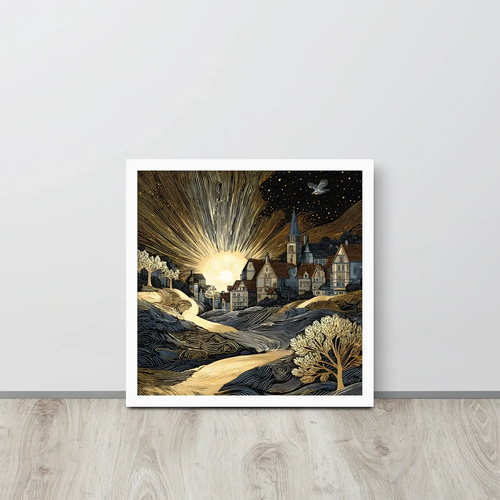 Golden Dawn Village 
 Poster with White Frame | 16″x 16″