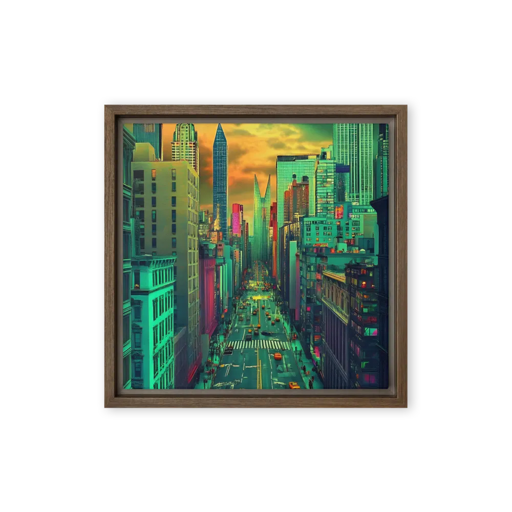 Urban Surrealism: Neon Dreams | Canvas with Brown Frame | 12″×12″