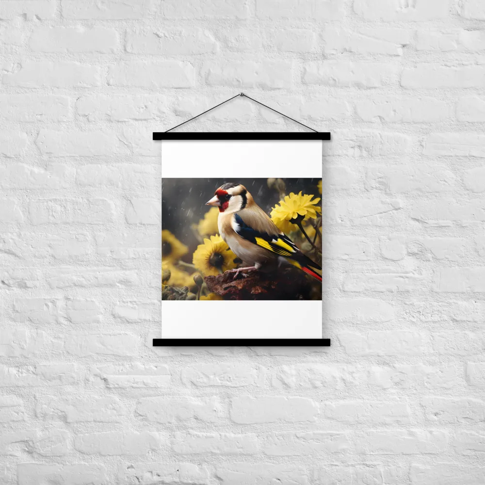 Harmony in Nature: A Goldfinch Amidst Blooms | Poster With Black Wood Hanger | 18″×24″
