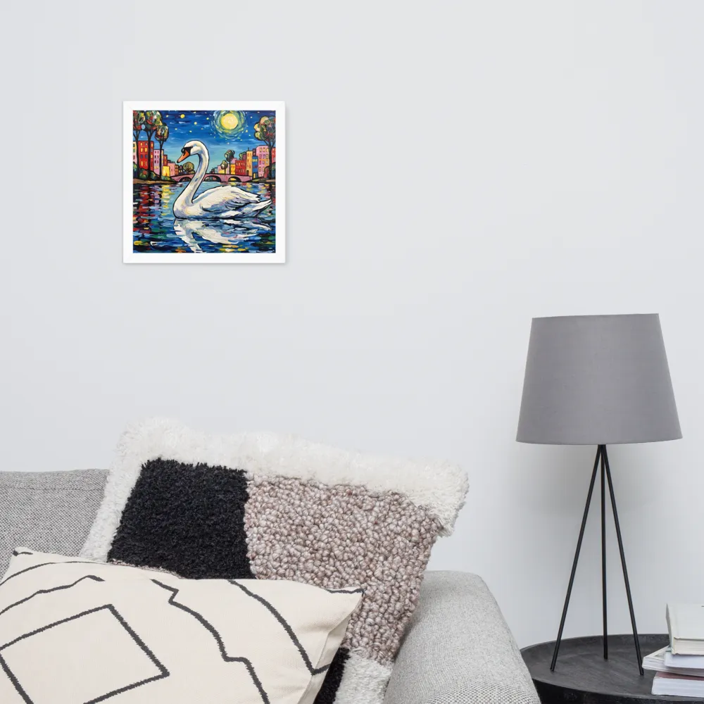 Moonlit Swan 
 Poster with White Frame | 12″x 12″