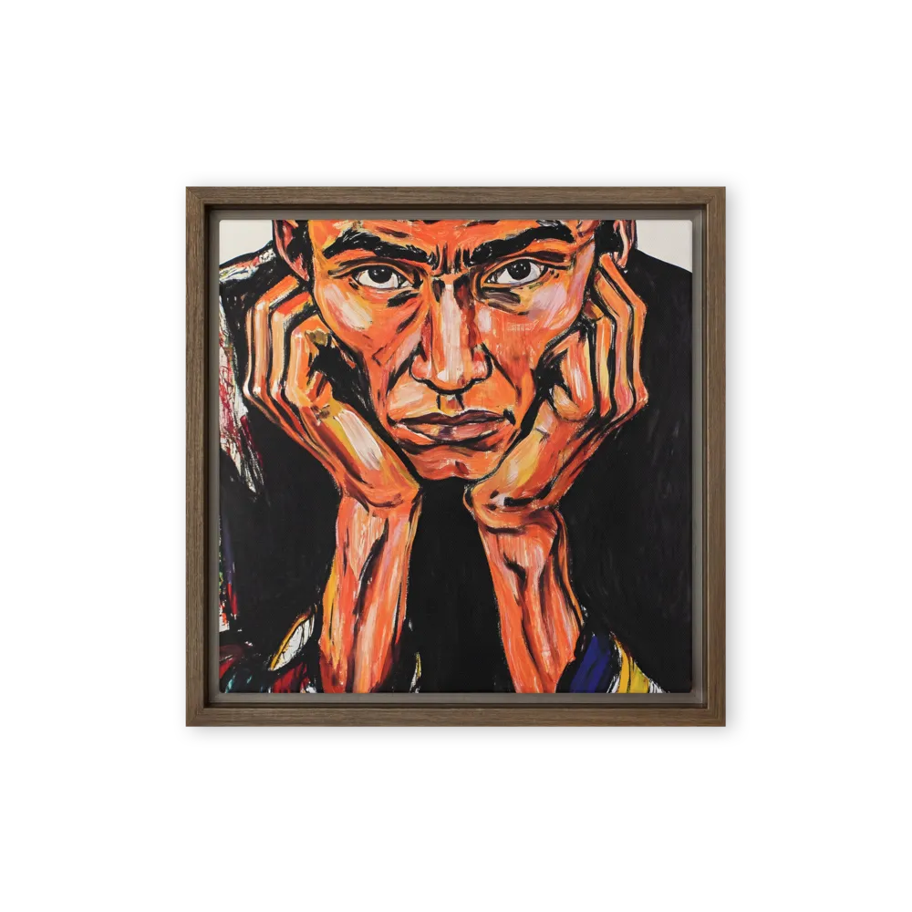 Contemplative Intensity: An Expressionist Portrait | Canvas with Brown Frame | 12″×12″