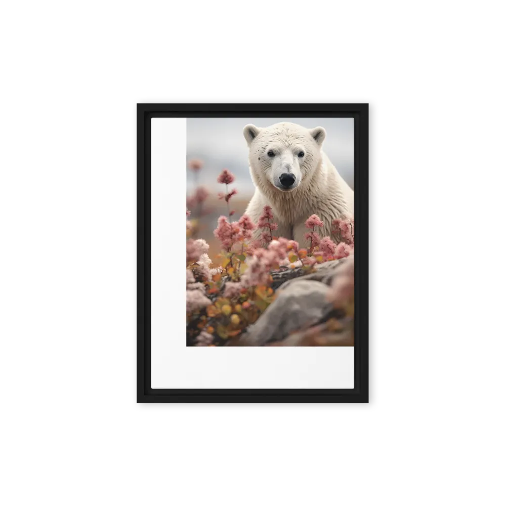 Curiosity Among Blooms: The Polar Bear | Canvas with Black Frame | 12″×16″