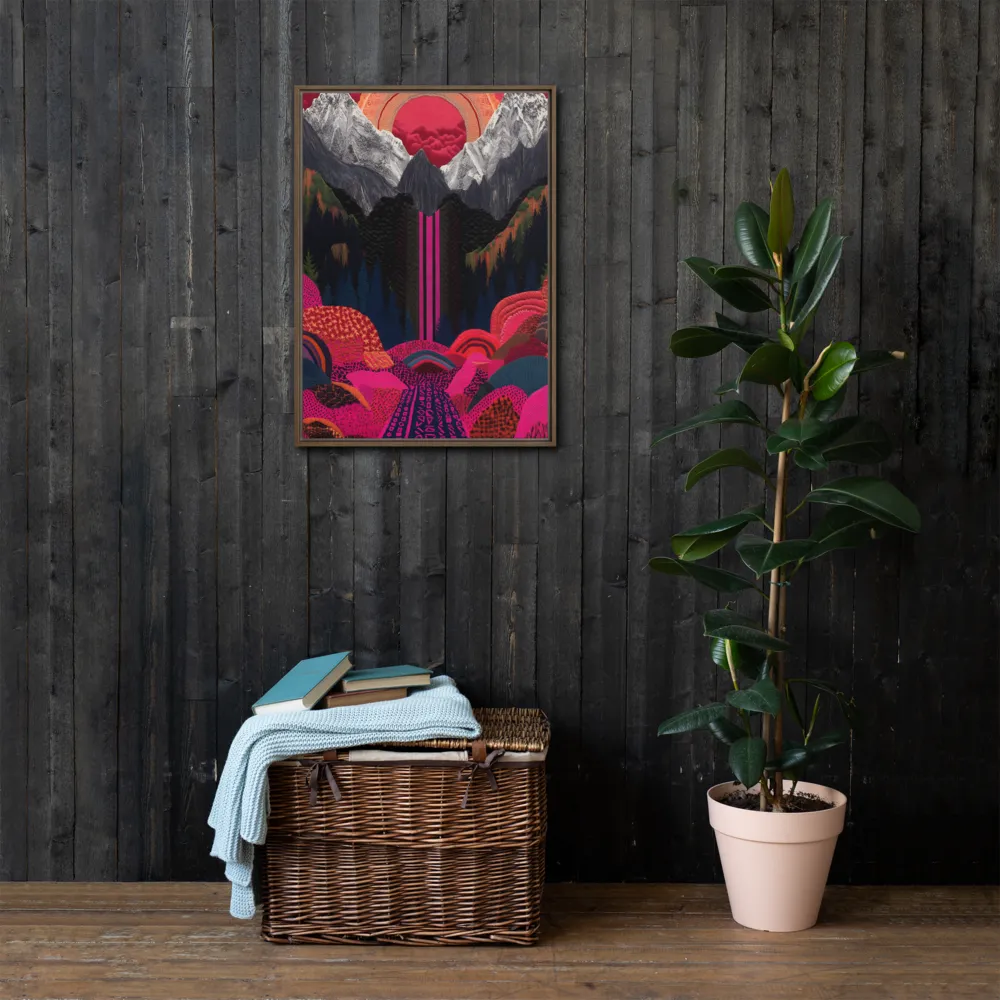 Ethereal Cascade: A Surreal Landscape | Canvas with Brown Frame | 20″×28″