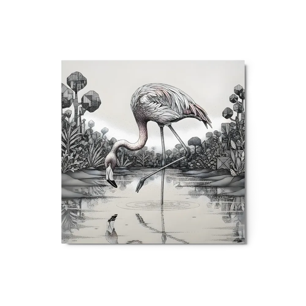 Flamingo at the Pond 
 Metal Print | 12″x 12″