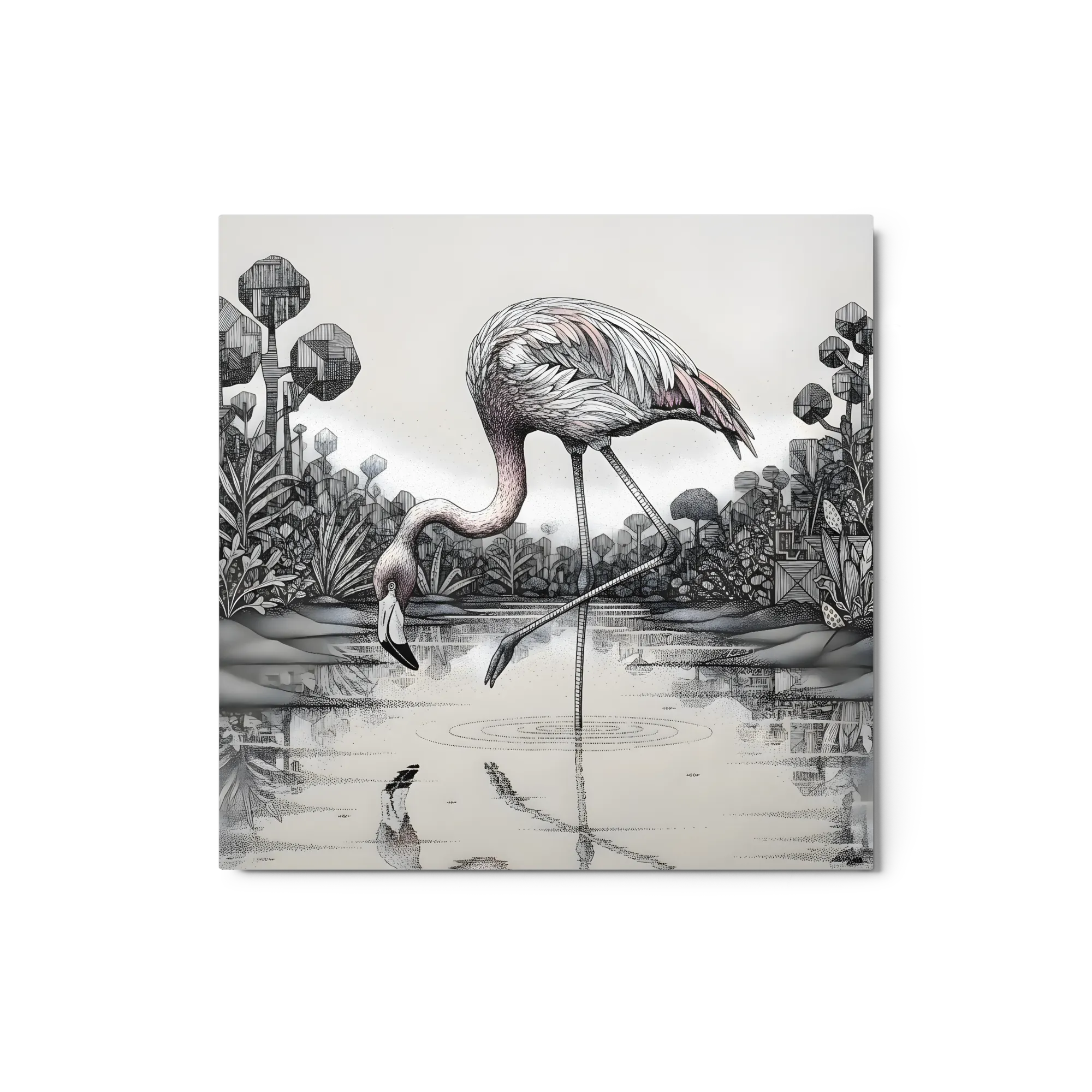 Flamingo at the Pond 
 Metal Print | 12″x 12″