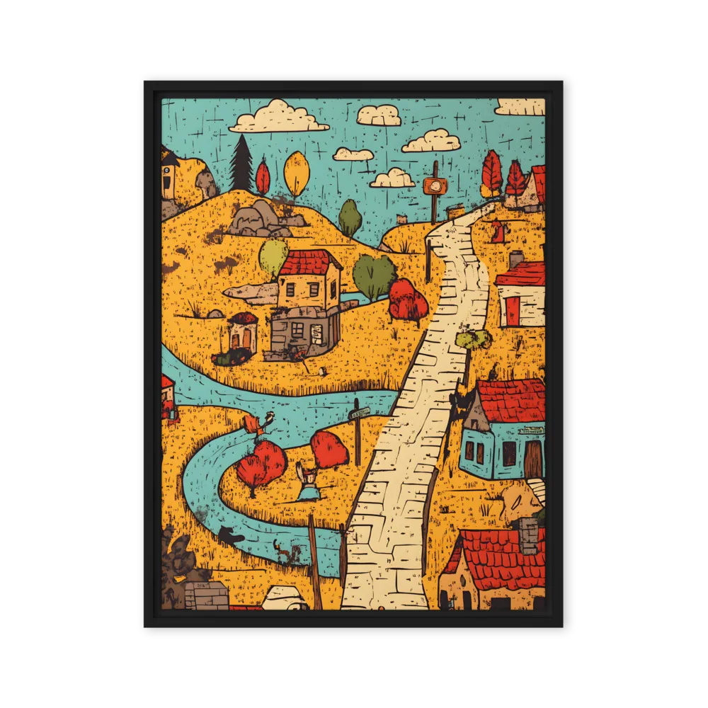Whimsical Village Landscape | Canvas with Black Frame | 24″×32″