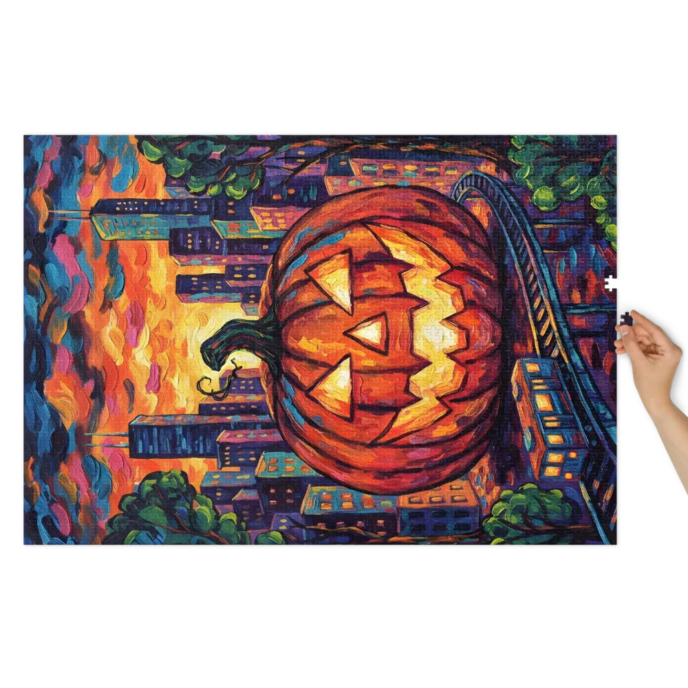 Jack-o'-Lantern Cityscape 
 Jigsaw Puzzle in Tin Box
