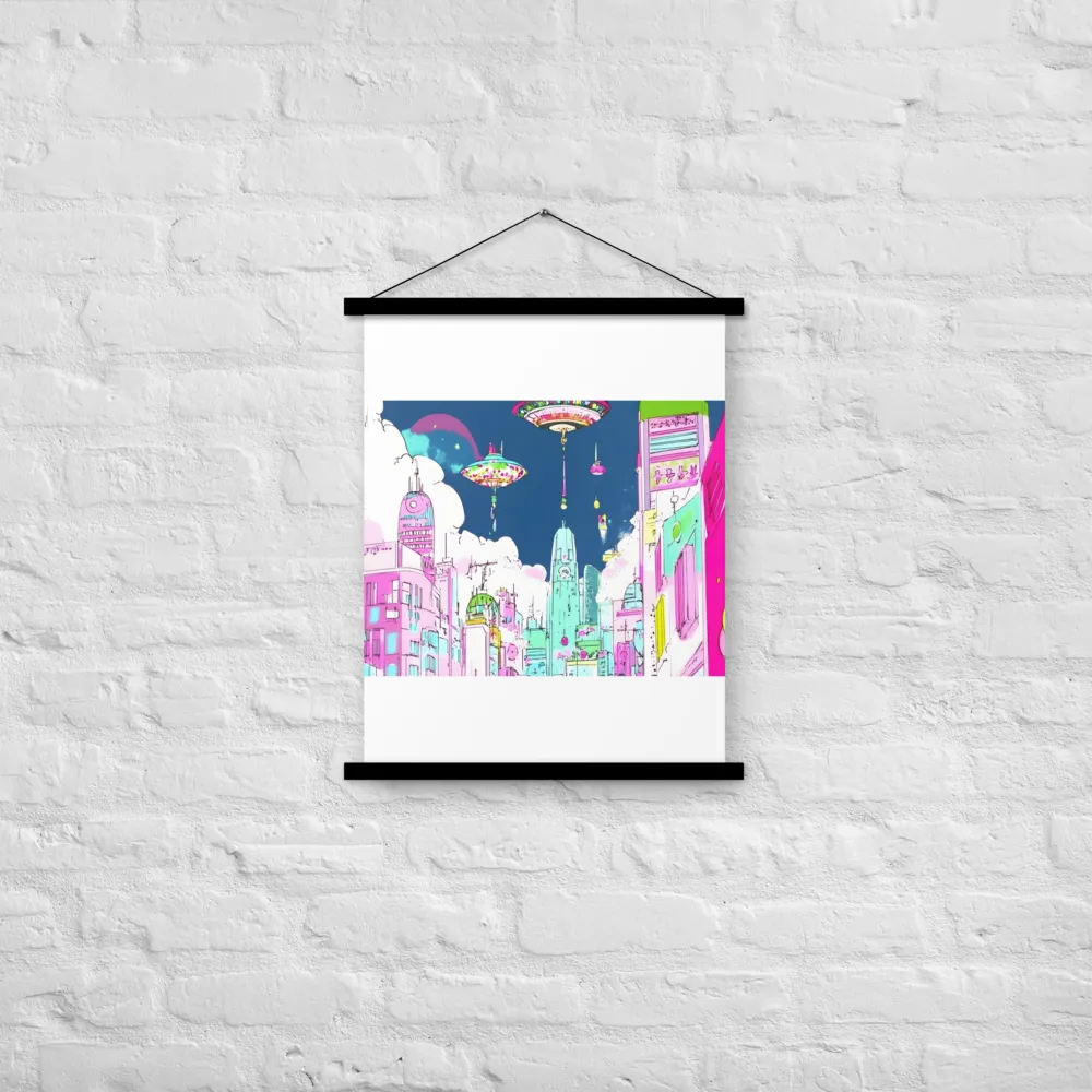 Futuristic Cityscape with Floating Structures | Poster With Black Wood Hanger | 18″×24″