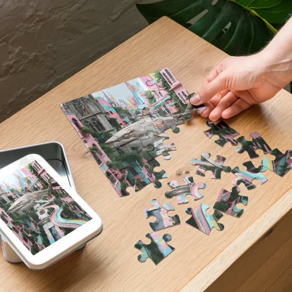 Floating Shark in Pastel City 
 Jigsaw Puzzle in Tin Box