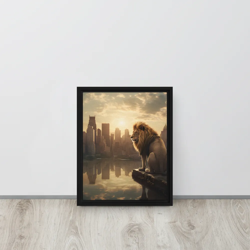 The Lion's Gaze Over the Urban Symphony | Canvas with Black Frame | 11″×14″