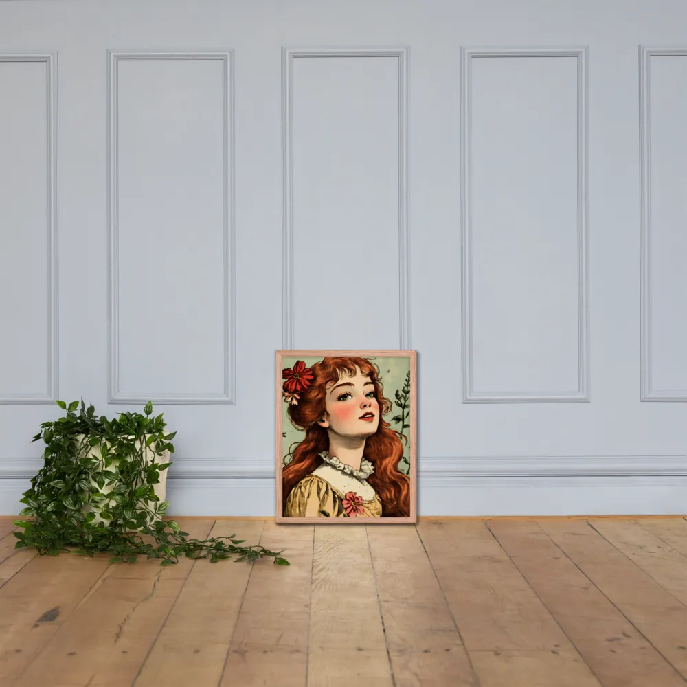 Whimsical Portrait of a Flower-Adorned Girl | Poster with Red oak Frame | 16″×20″