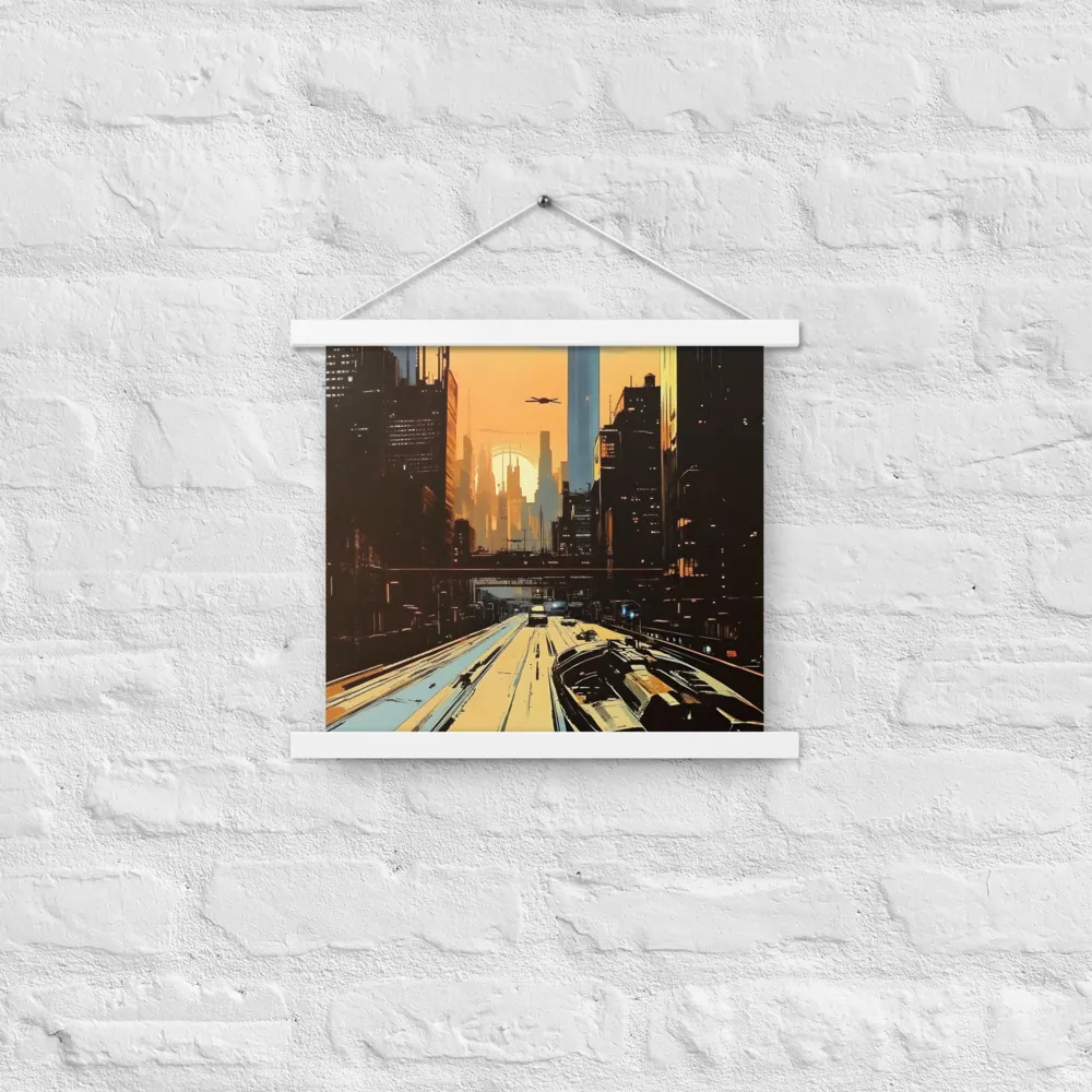 Metro Nexus: A Futuristic Cityscape | Poster With White Wood Hanger | 14″×14″