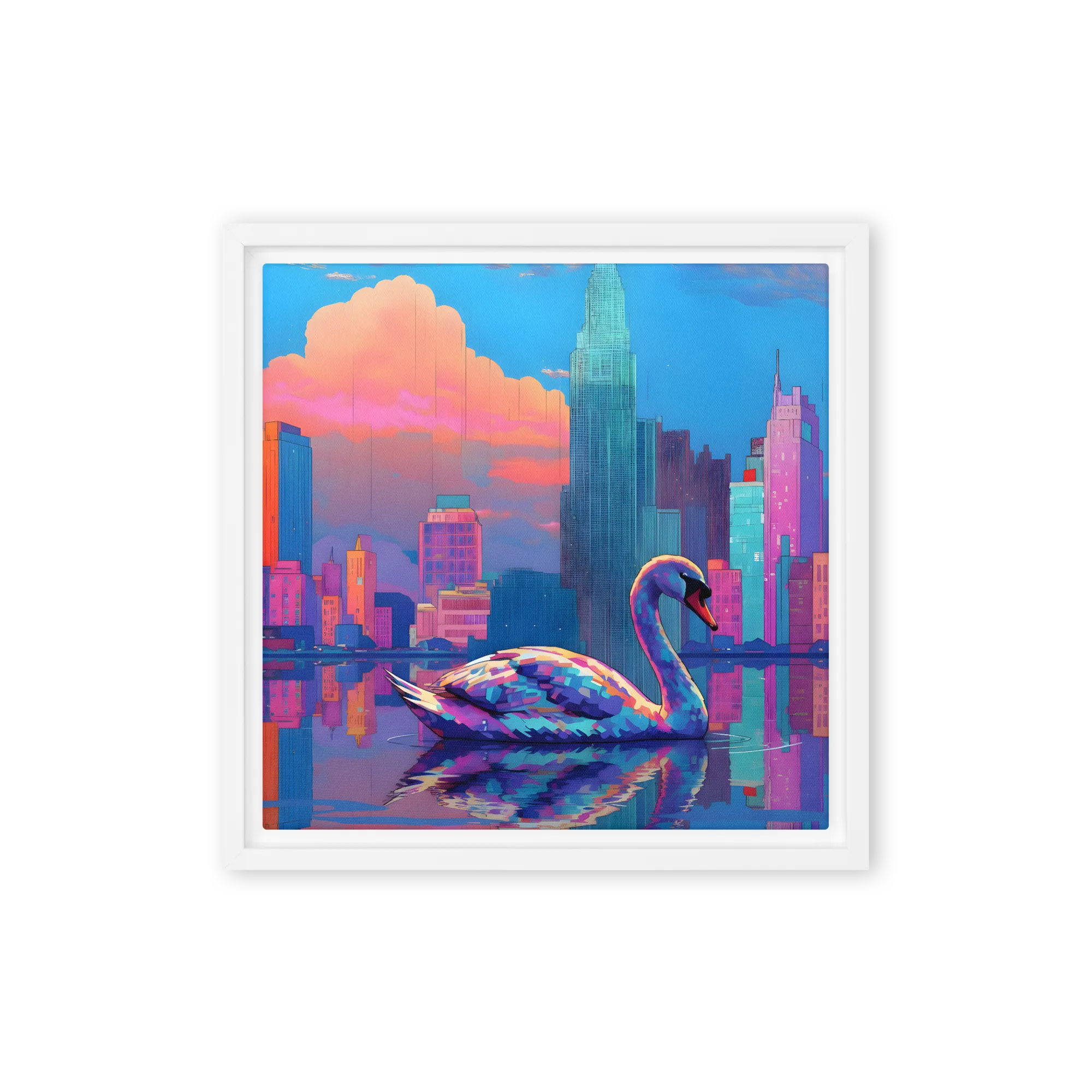Neon Swan Skyline 
 Canvas with White Frame