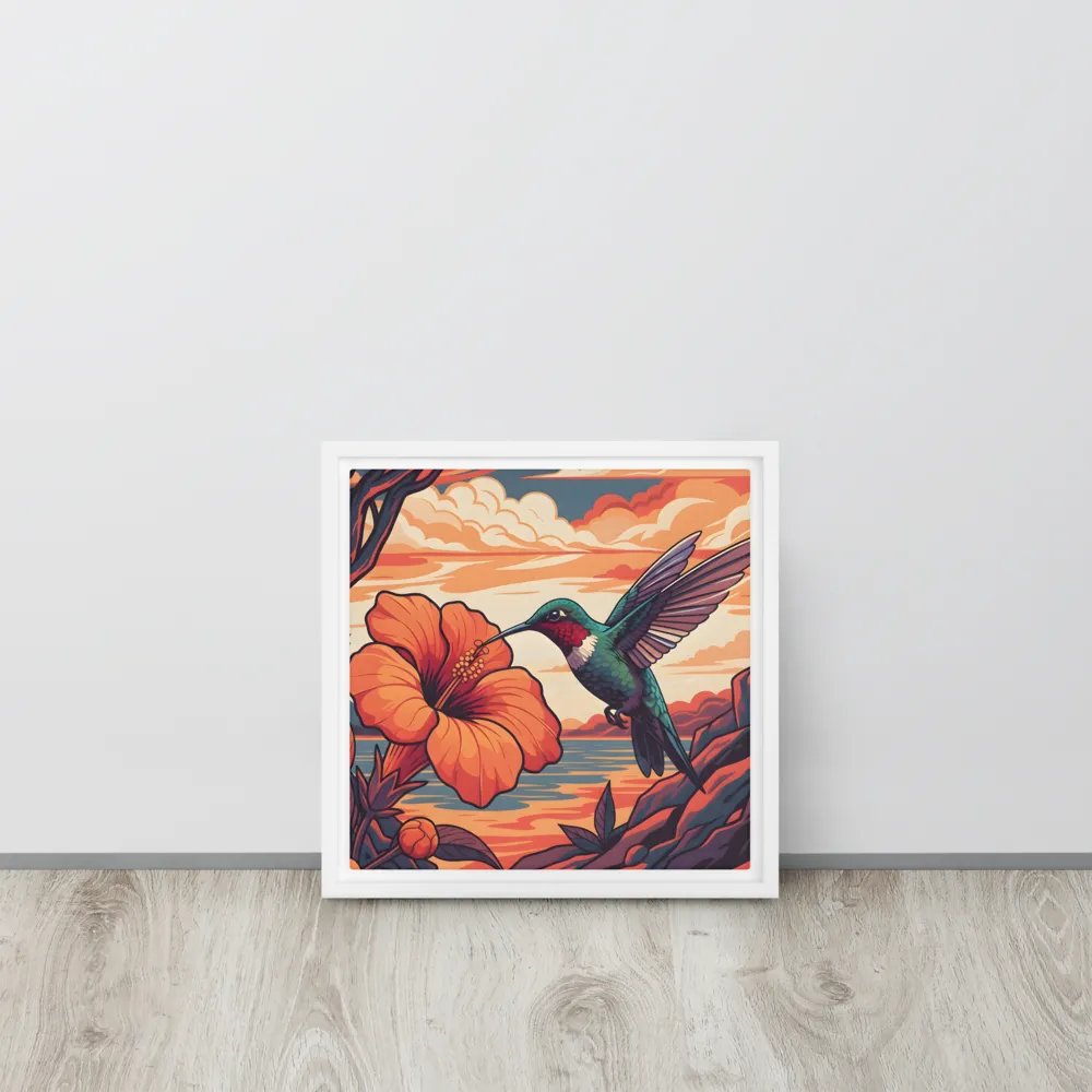Hummingbird and Hibiscus 
 Canvas with White Frame | 12″x 12″