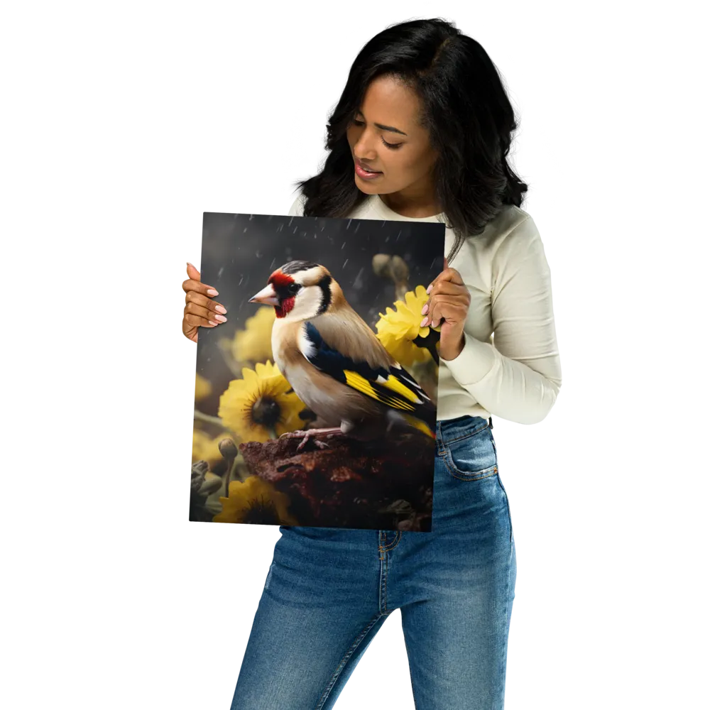 Harmony in Nature: A Goldfinch Amidst Blooms | Metal Print | 11″×14″