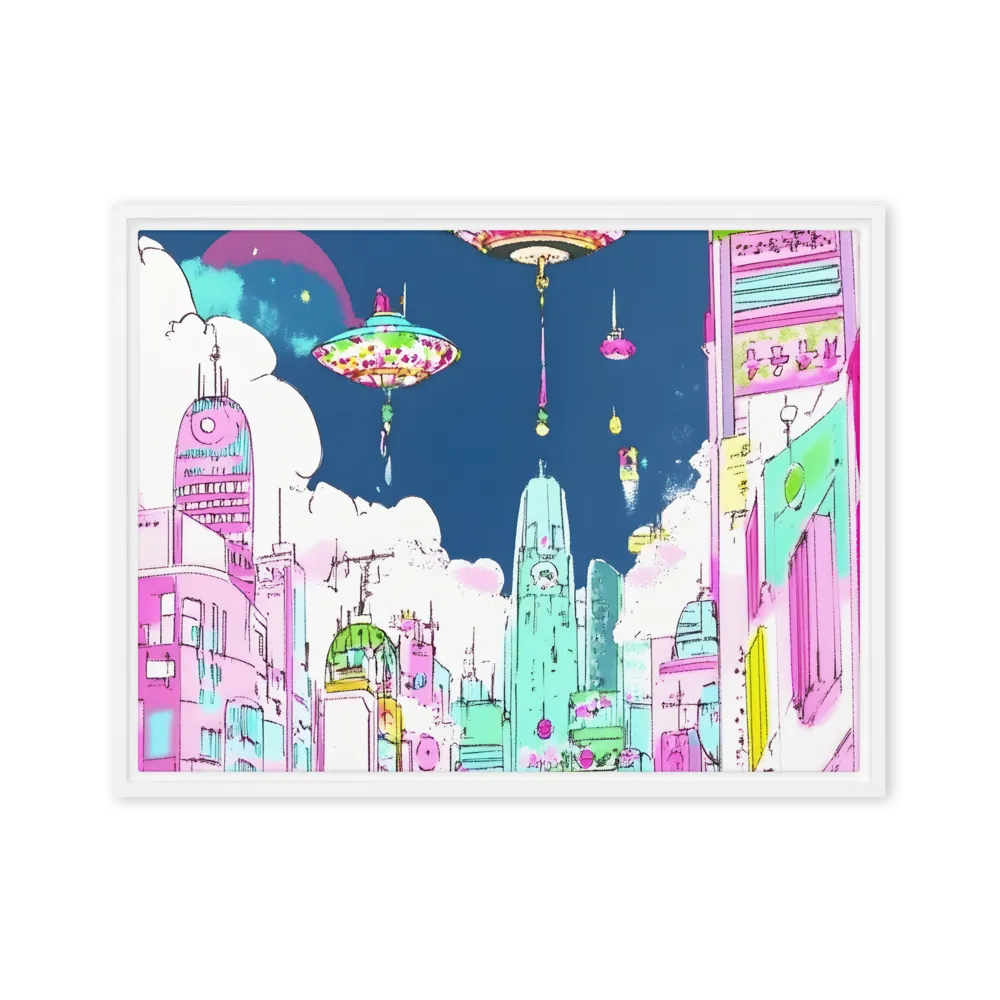 Futuristic Cityscape with Floating Structures | Canvas with White Frame | 18″×24″
