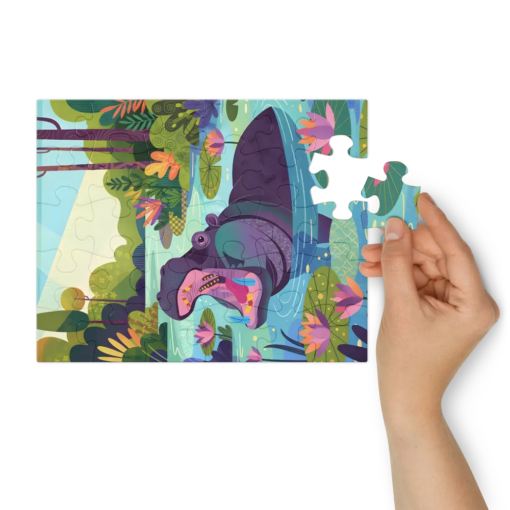 Lily Pond Hippo 
 Jigsaw Puzzle in Tin Box