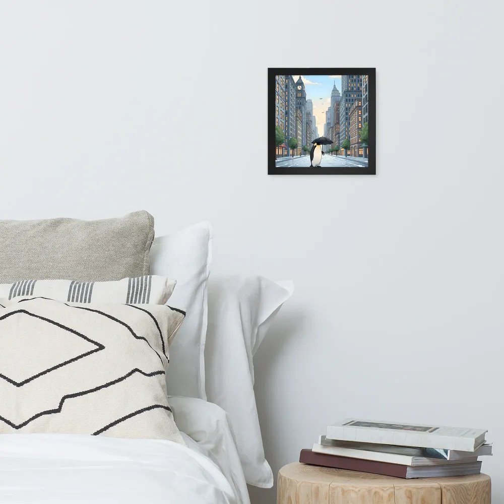 Penguin in the City 
 Poster with Black Frame | 10″x 10″