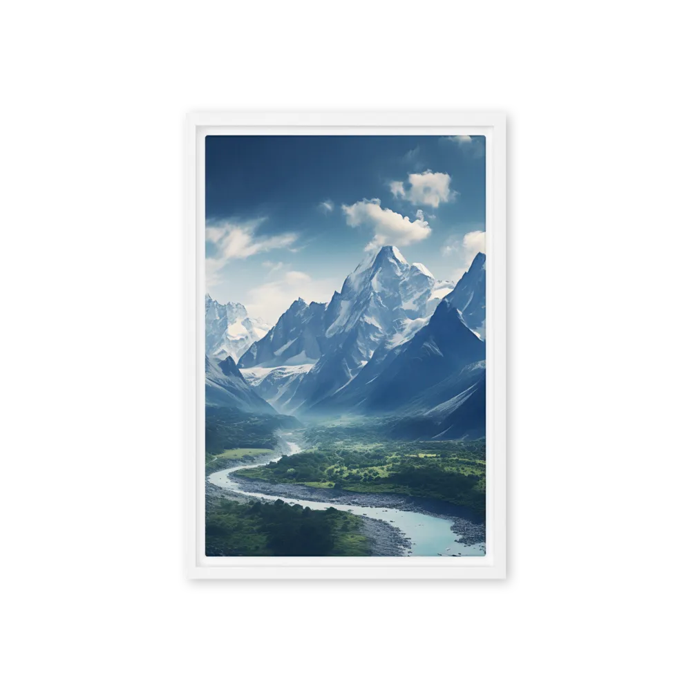 Majestic Serenity: A Landscape of Mountains and Rivers | Canvas with White Frame | 12″×18″