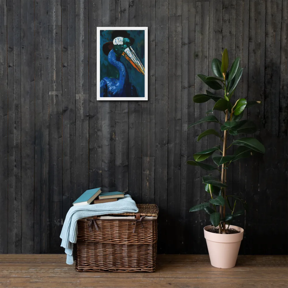 Majestic Absurdity: The Hat-Wearing Bird | Canvas with White Frame | 12″×18″