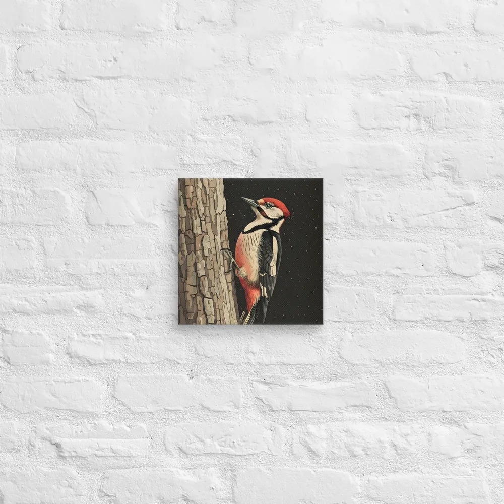 Woodpecker on Bark 
 Canvas | 10″x 10″