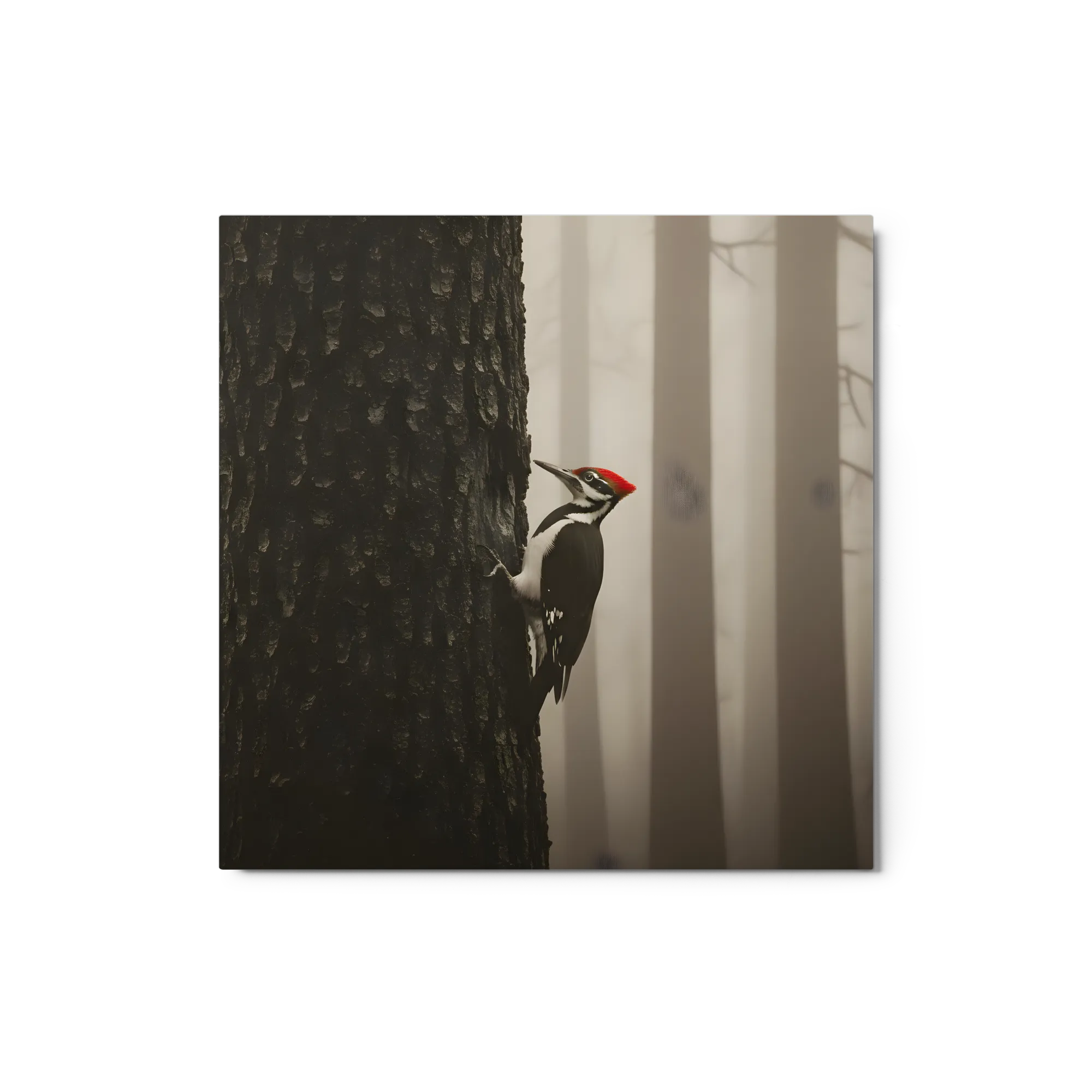 Woodpecker on Tree Trunk 
 Metal Print | 12″x 12″