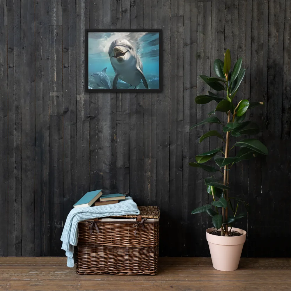 Beneath the Waves: A Dolphin's Dance | Canvas with Black Frame | 16″×20″