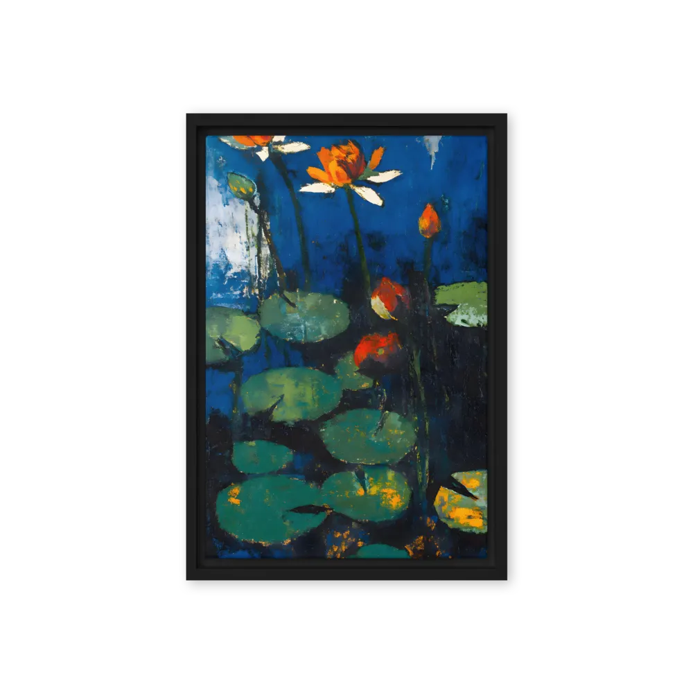 Water Lilies on Dark Blue 
 Canvas with Black Frame