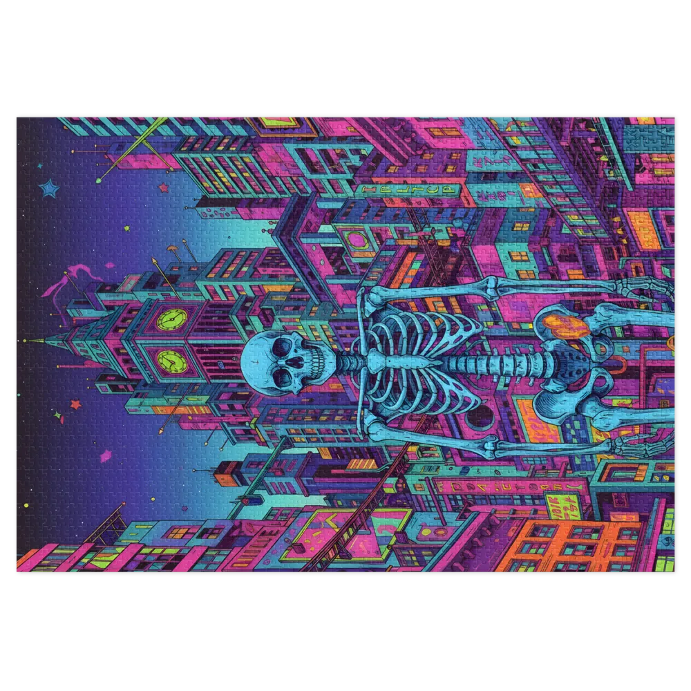 Neon Skeleton Cityscape 
 Jigsaw Puzzle in Tin Box