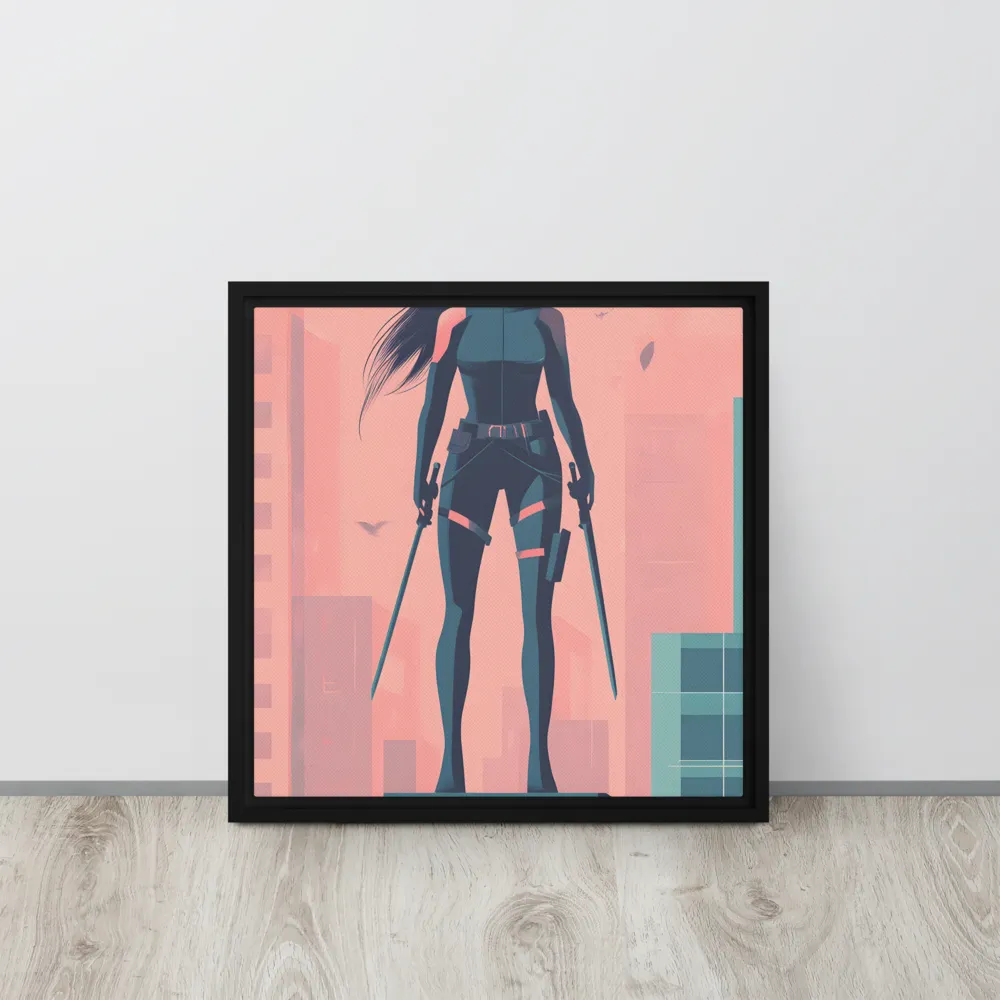 Urban Sentinel: A Warrior's Stand | Canvas with Black Frame | 16″×16″