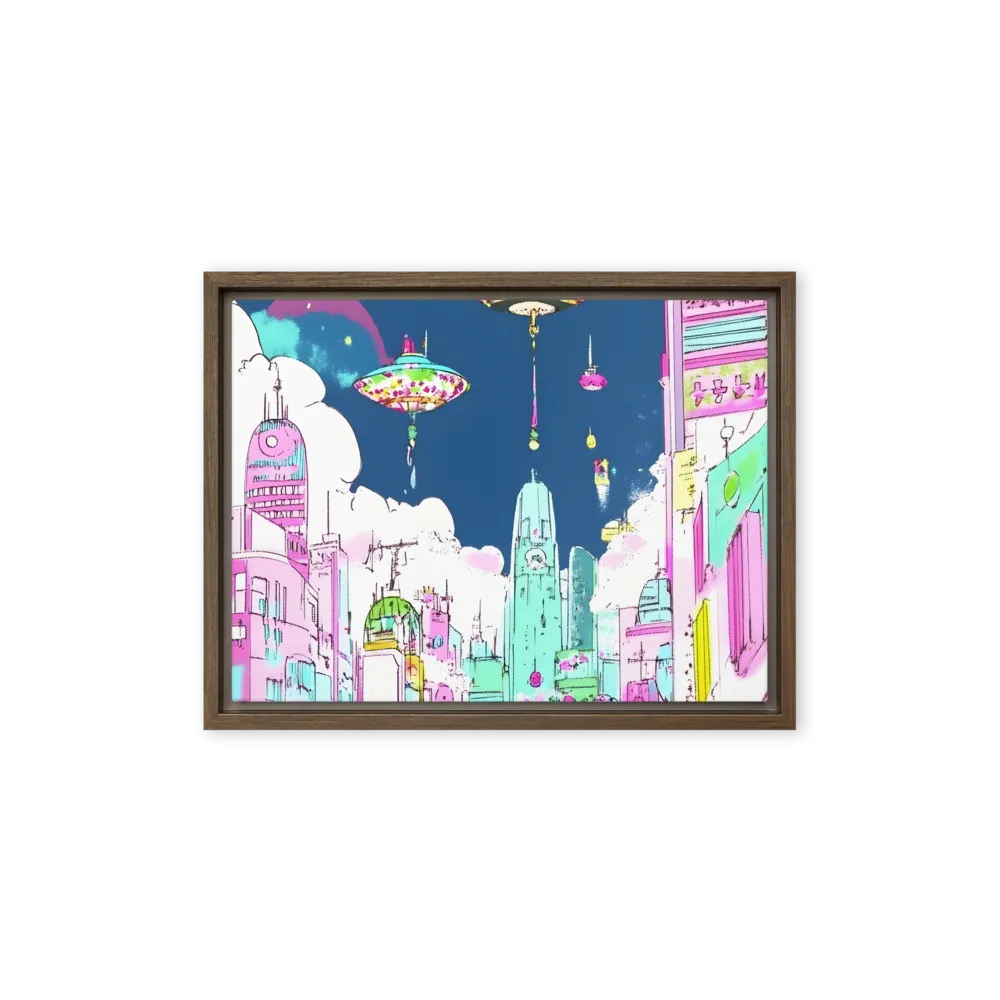Futuristic Cityscape with Floating Structures | Canvas with Brown Frame | 12″×16″
