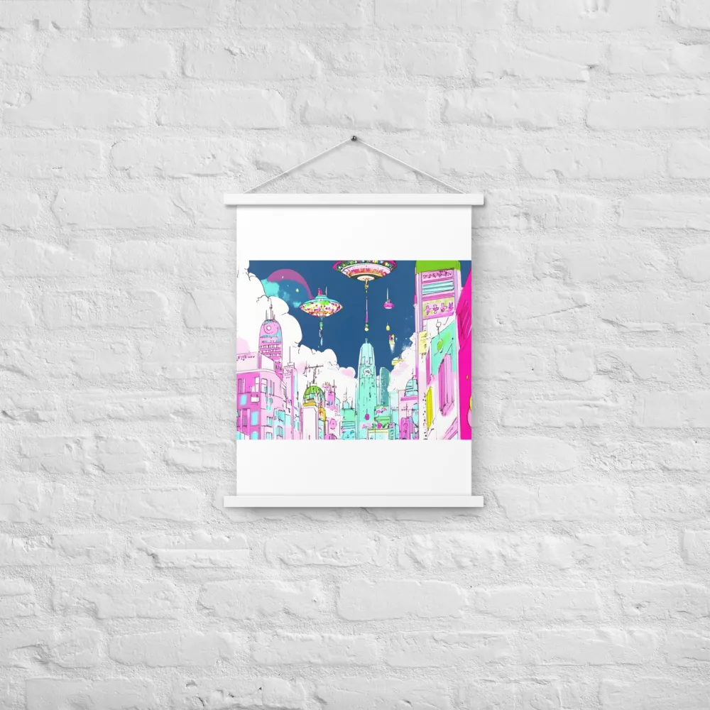 Futuristic Cityscape with Floating Structures | Poster With White Wood Hanger | 18″×24″