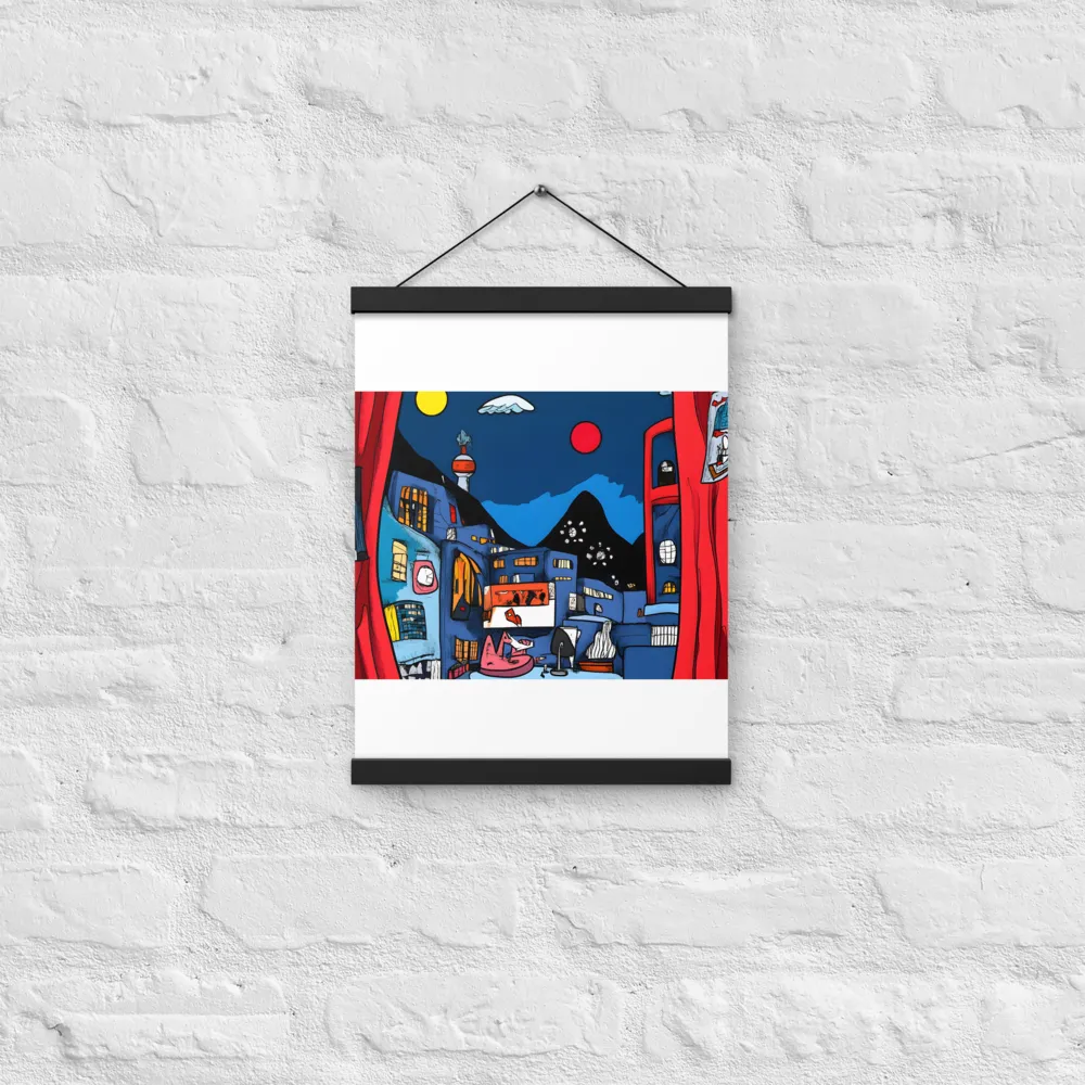 Whimsical Cityscape at Night | Poster With Black Wood Hanger | 12″×16″