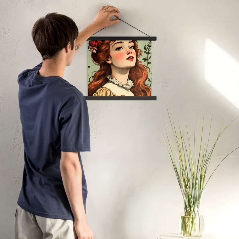 Whimsical Portrait of a Flower-Adorned Girl | Poster With Black Wood Hanger | 14″×14″
