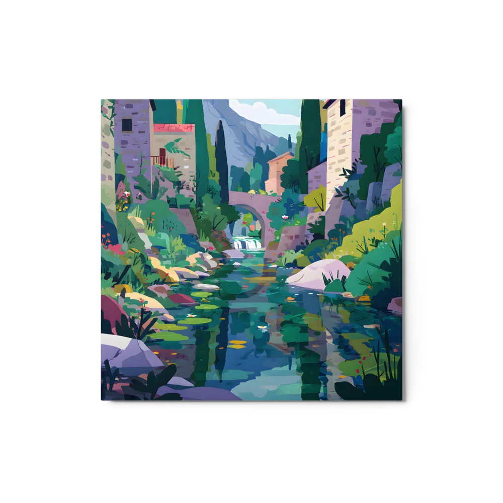 Mountain Village Stream 
 Metal Print | 12″x 12″