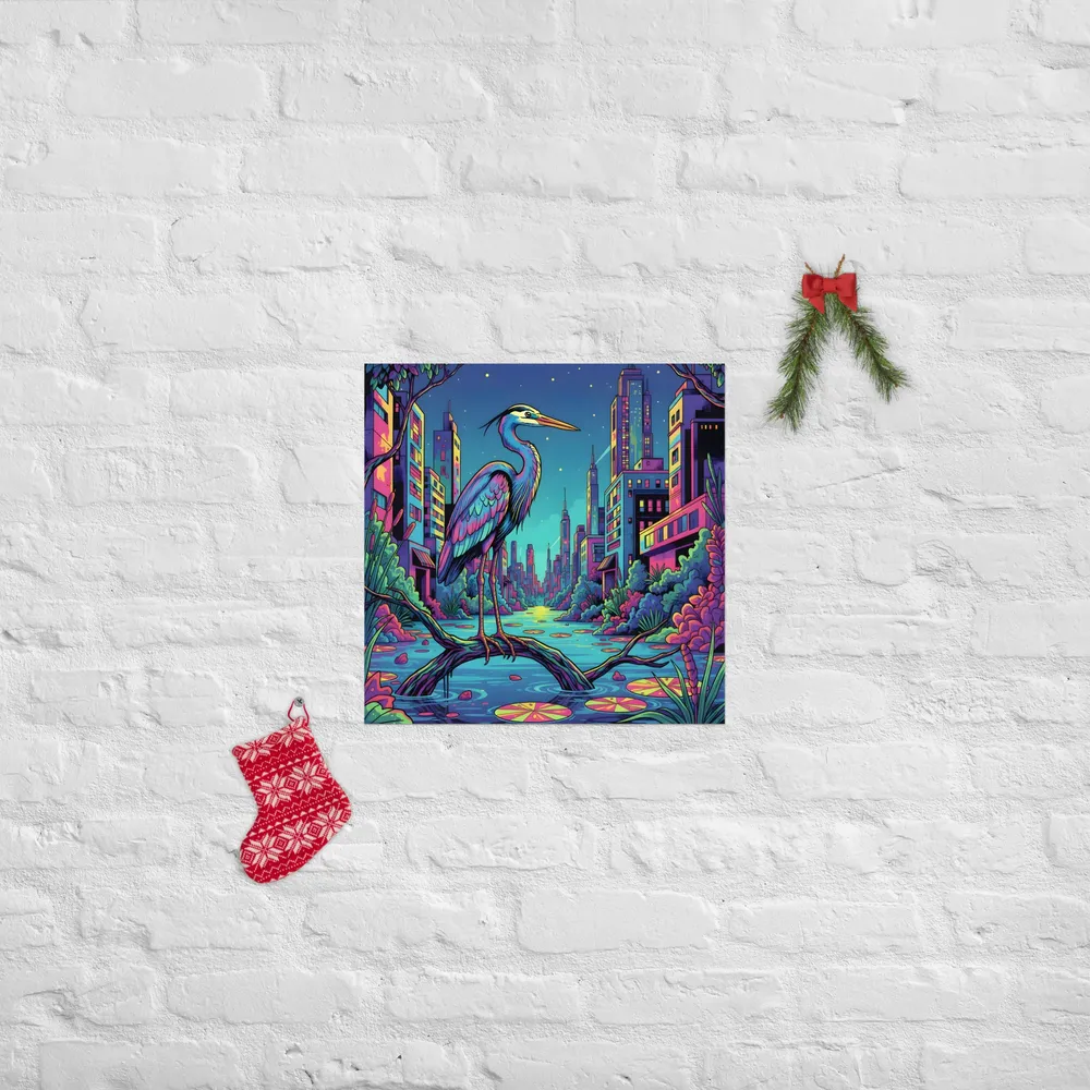 Neon Heron - Urban Twilight 
 Poster | 18″x 18″
