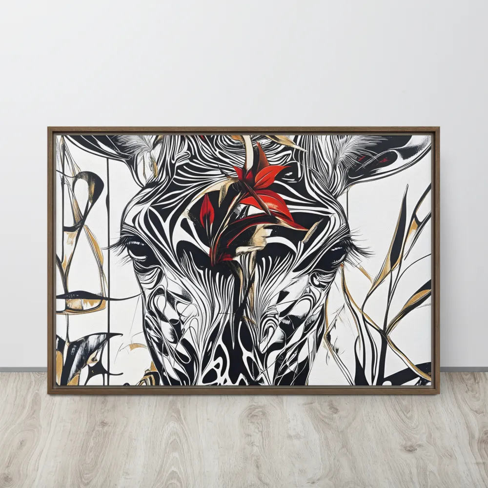 Floral Elegance: The Giraffe's Portrait | Canvas with Brown Frame | 24″×36″